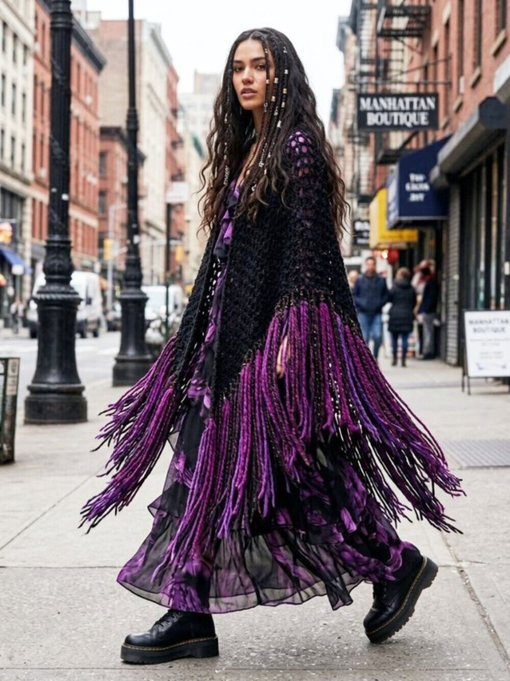 Boho Shawl Black Crochet Dramatic Purple Magenta Fringe